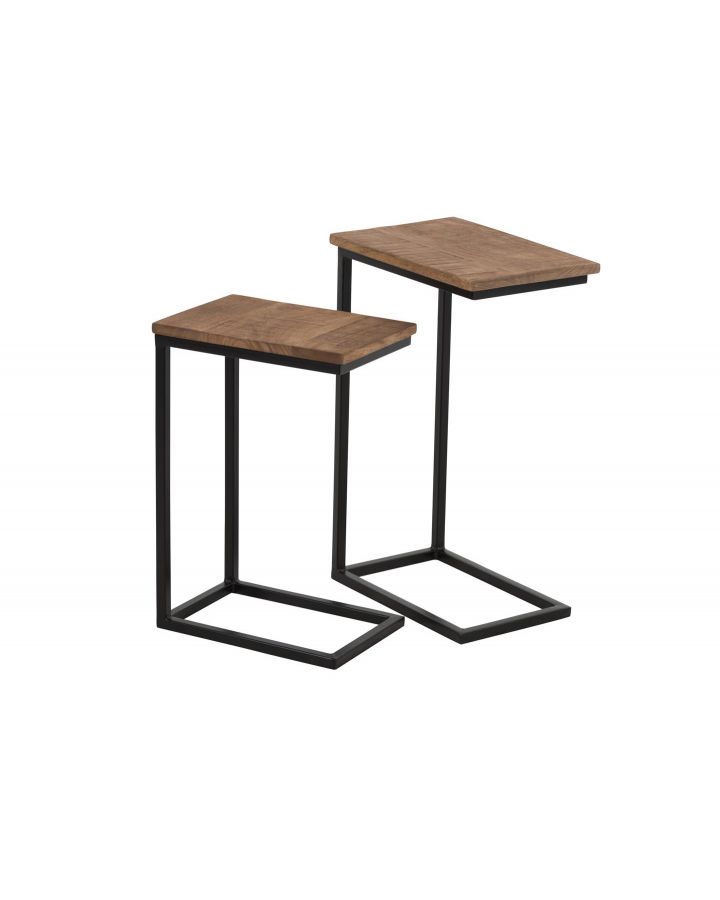 Set De 2 Table Gigogne Rectangulaire Metal Bois Noir Naturel(42x28x64,5cm)