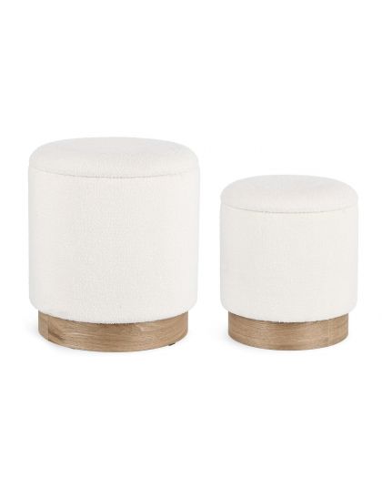 Set2 Pouf Coffre Zoya Blanc, Ø30.5X35H Cm, Ø37X42H Cm