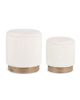 Set2 Pouf Coffre Zoya Blanc, Ø30.5X35H Cm, Ø37X42H Cm