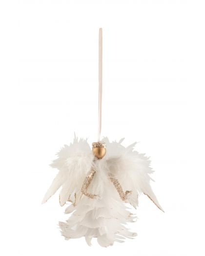 Suspension Ange + Plumes Paillettes Ecru/Or(4,5x4,5x11,5cm)