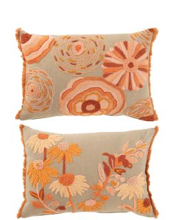 Coussin Rectangle Fleurs Broderie Coton Greige/Orange Assortiment De 2 (50x35x15