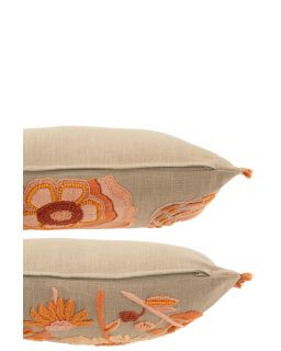 Coussin Rectangle Fleurs Broderie Coton Greige/Orange Assortiment De 2 (50x35x15