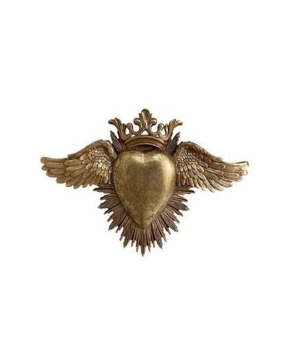 Decoration Murale, Ex-Voto Coeur Ailes Dore 24,5X17,5Cm